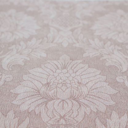 Subtle champagne and taupe damask fabric featuring a large-scale, repeating floral medallion pattern in a soft, shimmering tonal colourway.