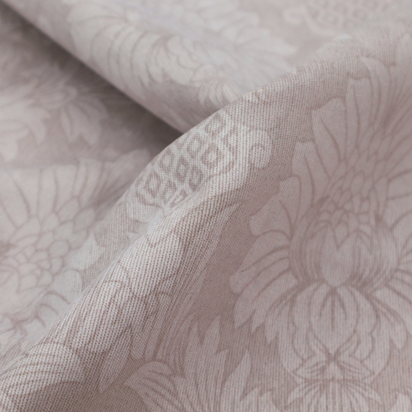 Subtle champagne and taupe damask fabric featuring a large-scale, repeating floral medallion pattern in a soft, shimmering tonal colourway.
