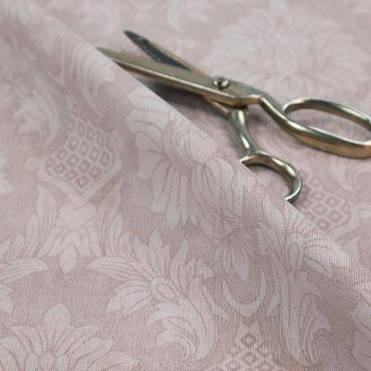 Subtle champagne and taupe damask fabric featuring a large-scale, repeating floral medallion pattern in a soft, shimmering tonal colourway.