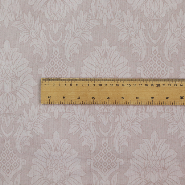 Subtle champagne and taupe damask fabric featuring a large-scale, repeating floral medallion pattern in a soft, shimmering tonal colourway.