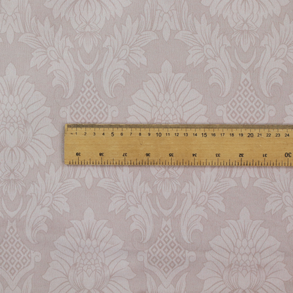 Subtle champagne and taupe damask fabric featuring a large-scale, repeating floral medallion pattern in a soft, shimmering tonal colourway.