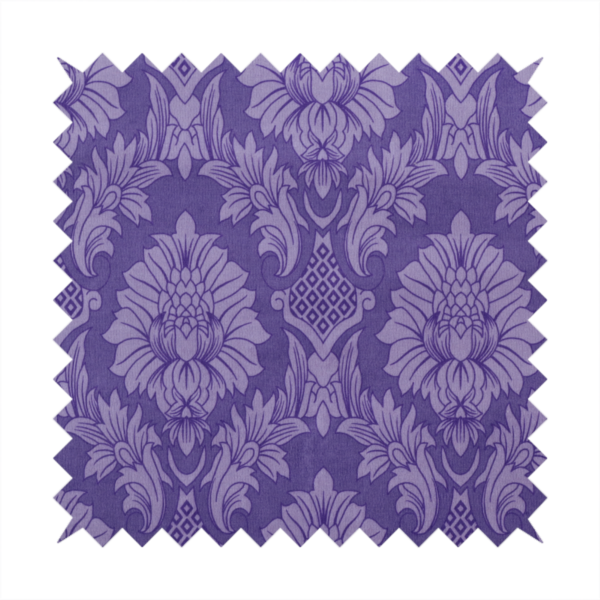 Regal royal purple damask fabric featuring a large-scale, repeating floral and acanthus leaf pattern in a shimmering tonal violet colourway.