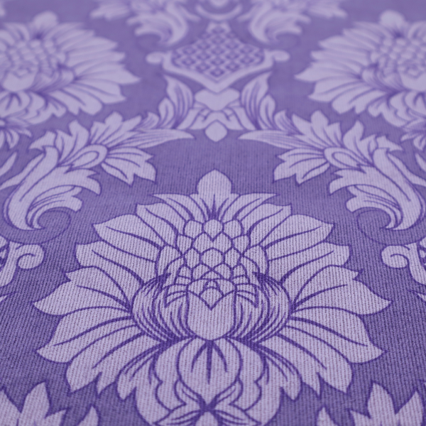 Regal royal purple damask fabric featuring a large-scale, repeating floral and acanthus leaf pattern in a shimmering tonal violet colourway.