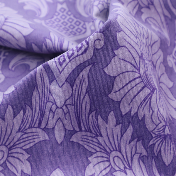 Regal royal purple damask fabric featuring a large-scale, repeating floral and acanthus leaf pattern in a shimmering tonal violet colourway.