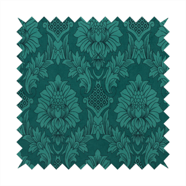 Deep peacock teal damask fabric featuring a large-scale, repeating floral and acanthus leaf pattern in a rich, shimmering tonal colourway.