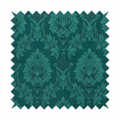 Deep peacock teal damask fabric featuring a large-scale, repeating floral and acanthus leaf pattern in a rich, shimmering tonal colourway.