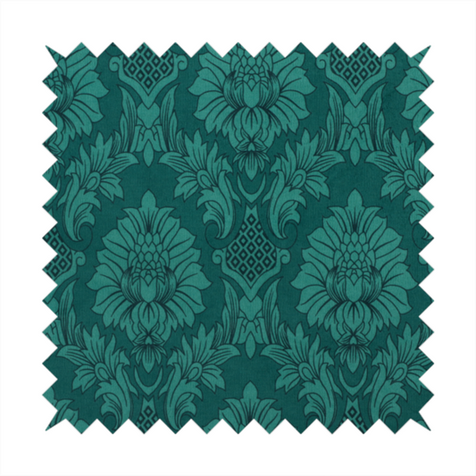 Deep peacock teal damask fabric featuring a large-scale, repeating floral and acanthus leaf pattern in a rich, shimmering tonal colourway.