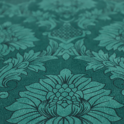 Deep peacock teal damask fabric featuring a large-scale, repeating floral and acanthus leaf pattern in a rich, shimmering tonal colourway.