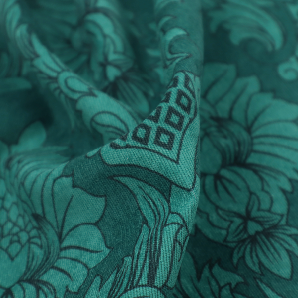 Deep peacock teal damask fabric featuring a large-scale, repeating floral and acanthus leaf pattern in a rich, shimmering tonal colourway.