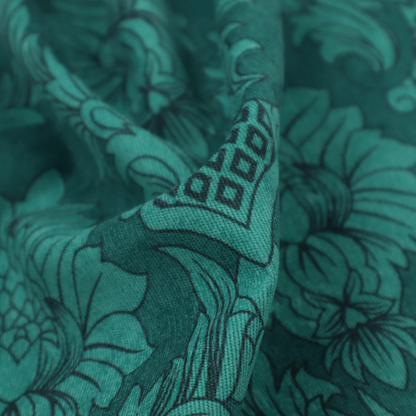 Deep peacock teal damask fabric featuring a large-scale, repeating floral and acanthus leaf pattern in a rich, shimmering tonal colourway.