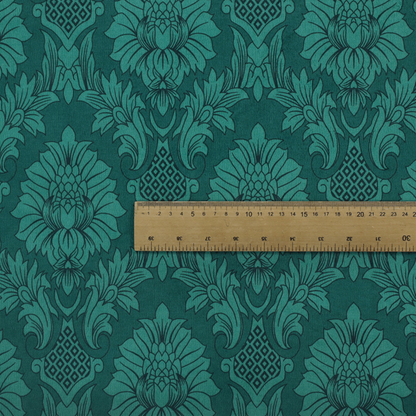 Deep peacock teal damask fabric featuring a large-scale, repeating floral and acanthus leaf pattern in a rich, shimmering tonal colourway.