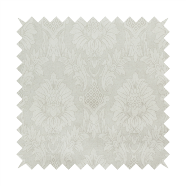 Off-white and silver-grey damask fabric with a large-scale, repeating floral medallion pattern in a subtle, shimmering tonal colourway.