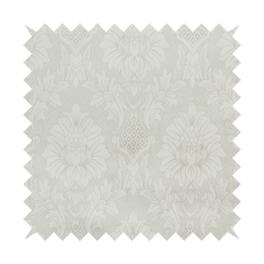 Off-white and silver-grey damask fabric with a large-scale, repeating floral medallion pattern in a subtle, shimmering tonal colourway.