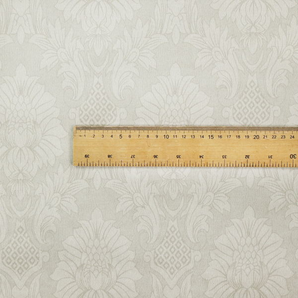 Off-white and silver-grey damask fabric with a large-scale, repeating floral medallion pattern in a subtle, shimmering tonal colourway.