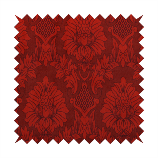 Deep burgundy damask fabric featuring a large-scale, repeating floral and acanthus leaf pattern in a dark, shimmering tonal colourway.