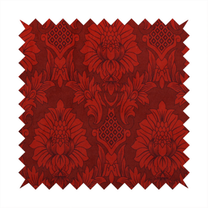 Deep burgundy damask fabric featuring a large-scale, repeating floral and acanthus leaf pattern in a dark, shimmering tonal colourway.