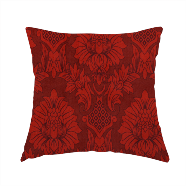 The fabric used to create this handmade cushion is a deep burgundy damask fabric featuring a large-scale, repeating floral and acanthus leaf pattern in a dark, shimmering tonal colourway.