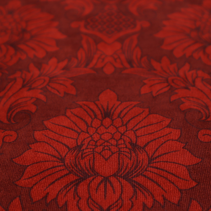 Deep burgundy damask fabric featuring a large-scale, repeating floral and acanthus leaf pattern in a dark, shimmering tonal colourway.