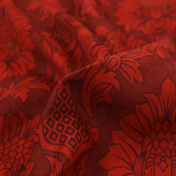Deep burgundy damask fabric featuring a large-scale, repeating floral and acanthus leaf pattern in a dark, shimmering tonal colourway.