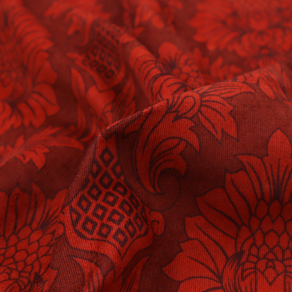 Deep burgundy damask fabric featuring a large-scale, repeating floral and acanthus leaf pattern in a dark, shimmering tonal colourway.