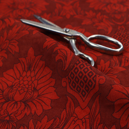Deep burgundy damask fabric featuring a large-scale, repeating floral and acanthus leaf pattern in a dark, shimmering tonal colourway.