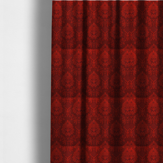 The fabric used to create these made-to-measure curtains is a deep burgundy damask fabric featuring a large-scale, repeating floral and acanthus leaf pattern in a dark, shimmering tonal colourway.