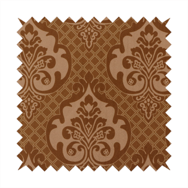 A repeating damask pattern in warm shades of copper, cocoa, and tan. Large, ornate floral medallions featuring stylized acanthus leaves and small blossoms are arranged in an alternating grid.