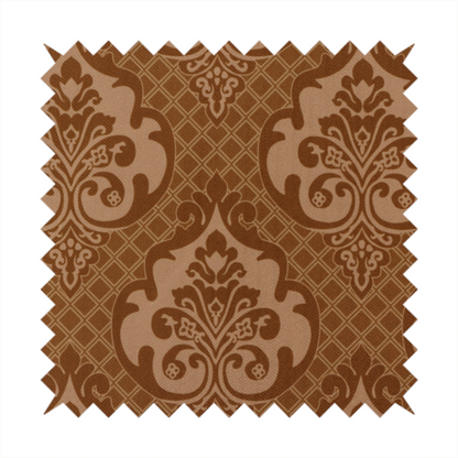 A repeating damask pattern in warm shades of copper, cocoa, and tan. Large, ornate floral medallions featuring stylized acanthus leaves and small blossoms are arranged in an alternating grid.