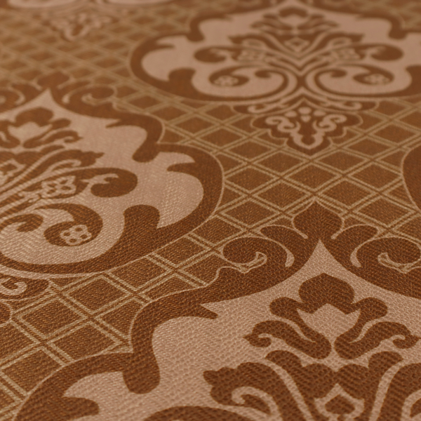 A repeating damask pattern in warm shades of copper, cocoa, and tan. Large, ornate floral medallions featuring stylized acanthus leaves and small blossoms are arranged in an alternating grid.