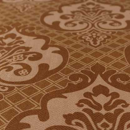 A repeating damask pattern in warm shades of copper, cocoa, and tan. Large, ornate floral medallions featuring stylized acanthus leaves and small blossoms are arranged in an alternating grid.