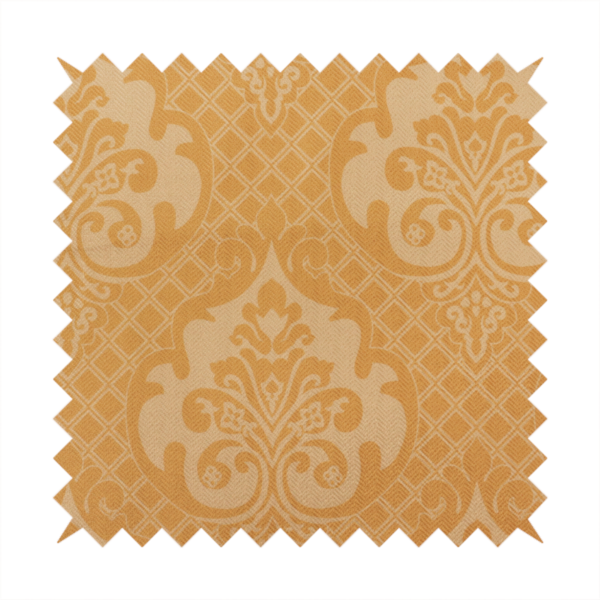The design features large, ornate floral motifs and acanthus leaves arranged in a repeating grid. These medallions are set against a background of a fine diagonal lattice (diamond) pattern. The fabric displays a subtle, woven texture throughout, creating an elegant and classic look.