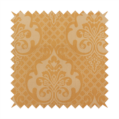 The design features large, ornate floral motifs and acanthus leaves arranged in a repeating grid. These medallions are set against a background of a fine diagonal lattice (diamond) pattern. The fabric displays a subtle, woven texture throughout, creating an elegant and classic look.