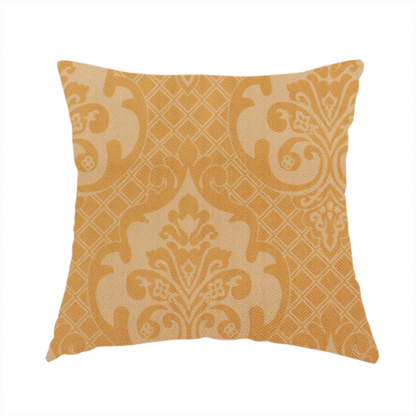 The fabric used to create this handmade cushion has a design that features large, ornate floral motifs and acanthus leaves arranged in a repeating grid. These medallions are set against a background of a fine diagonal lattice (diamond) pattern. The fabric displays a subtle, woven texture throughout, creating an elegant and classic look.