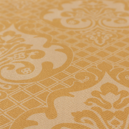 The design features large, ornate floral motifs and acanthus leaves arranged in a repeating grid. These medallions are set against a background of a fine diagonal lattice (diamond) pattern. The fabric displays a subtle, woven texture throughout, creating an elegant and classic look.