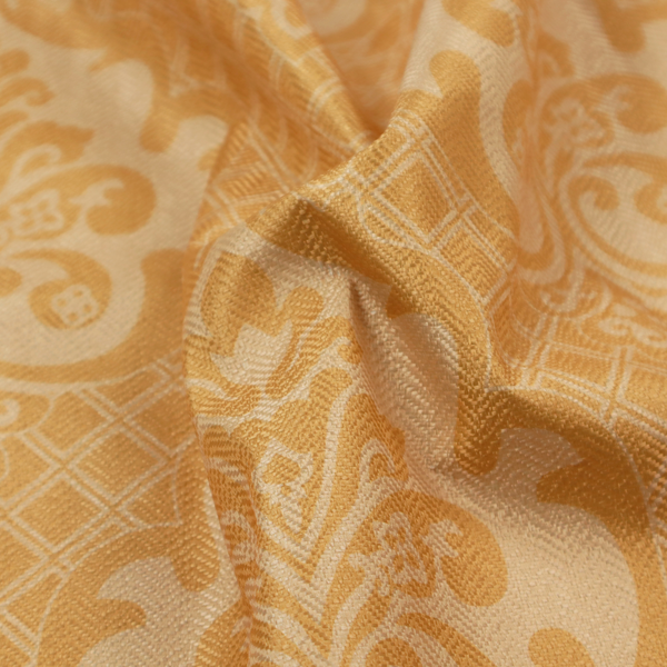 The design features large, ornate floral motifs and acanthus leaves arranged in a repeating grid. These medallions are set against a background of a fine diagonal lattice (diamond) pattern. The fabric displays a subtle, woven texture throughout, creating an elegant and classic look.