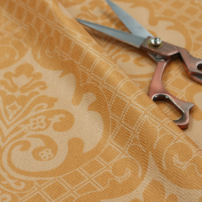 The design features large, ornate floral motifs and acanthus leaves arranged in a repeating grid. These medallions are set against a background of a fine diagonal lattice (diamond) pattern. The fabric displays a subtle, woven texture throughout, creating an elegant and classic look.