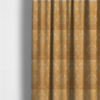 The fabric used to create these made-to-measure curtains has a design that features large, ornate floral motifs and acanthus leaves arranged in a repeating grid. These medallions are set against a background of a fine diagonal lattice (diamond) pattern. The fabric displays a subtle, woven texture throughout, creating an elegant and classic look.