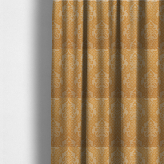 The fabric used to create these made-to-measure curtains has a design that features large, ornate floral motifs and acanthus leaves arranged in a repeating grid. These medallions are set against a background of a fine diagonal lattice (diamond) pattern. The fabric displays a subtle, woven texture throughout, creating an elegant and classic look.