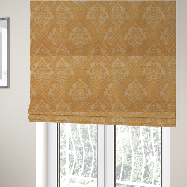 The fabric used to create these Roman blinds has a design that features large, ornate floral motifs and acanthus leaves arranged in a repeating grid. These medallions are set against a background of a fine diagonal lattice (diamond) pattern. The fabric displays a subtle, woven texture throughout, creating an elegant and classic look.