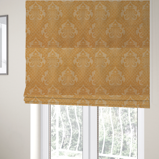 The fabric used to create these Roman blinds has a design that features large, ornate floral motifs and acanthus leaves arranged in a repeating grid. These medallions are set against a background of a fine diagonal lattice (diamond) pattern. The fabric displays a subtle, woven texture throughout, creating an elegant and classic look.