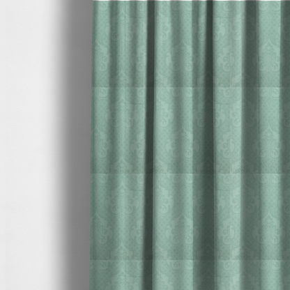 The fabric used to create these made-to-measure curtains has a design that consists of large, ornate floral medallions and scrolling acanthus leaves woven in a shade very close to the background colour, creating a delicate, shimmering effect. A fine diagonal lattice grid fills the background between the motifs, and the material displays a clear woven texture throughout.