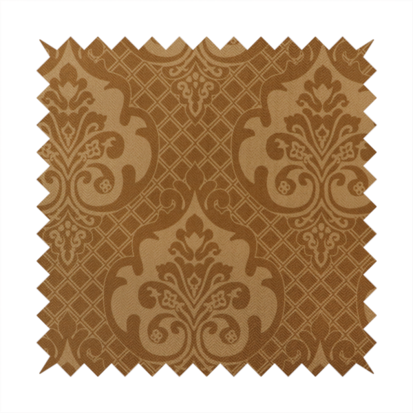 The design features large, ornate floral medallions and scrolling acanthus leaves in a warm tan shade, set against a rich golden-brown background. A fine diagonal lattice grid creates a diamond pattern in the negative space between the motifs, and the material displays a clear woven texture that adds depth and a subtle sheen to the pattern.