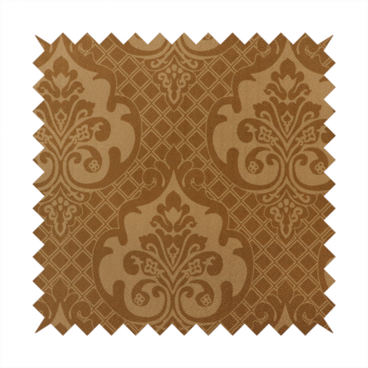 The design features large, ornate floral medallions and scrolling acanthus leaves in a warm tan shade, set against a rich golden-brown background. A fine diagonal lattice grid creates a diamond pattern in the negative space between the motifs, and the material displays a clear woven texture that adds depth and a subtle sheen to the pattern.