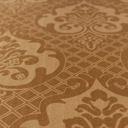 The design features large, ornate floral medallions and scrolling acanthus leaves in a warm tan shade, set against a rich golden-brown background. A fine diagonal lattice grid creates a diamond pattern in the negative space between the motifs, and the material displays a clear woven texture that adds depth and a subtle sheen to the pattern.
