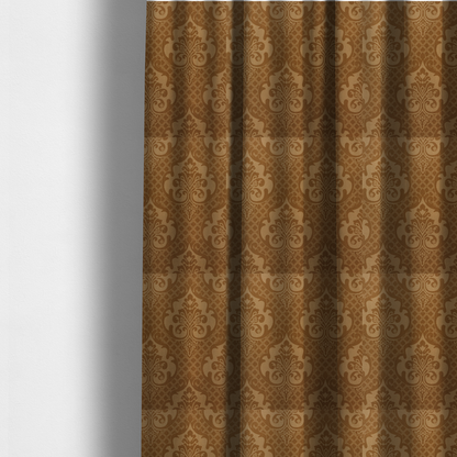 The fabric used to create these made-to-measure curtains has a design that features large, ornate floral medallions and scrolling acanthus leaves in a warm tan shade, set against a rich golden-brown background. A fine diagonal lattice grid creates a diamond pattern in the negative space between the motifs, and the material displays a clear woven texture that adds depth and a subtle sheen to the pattern.