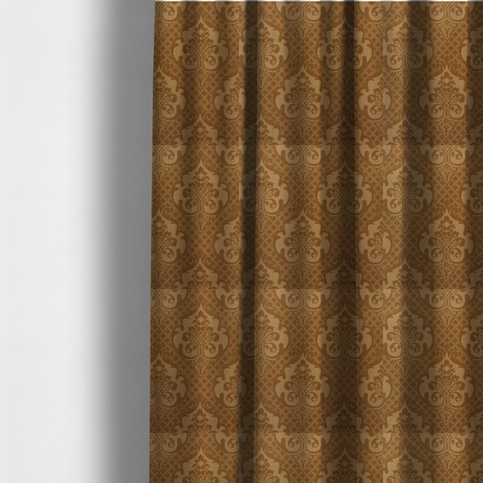 The fabric used to create these made-to-measure curtains has a design that features large, ornate floral medallions and scrolling acanthus leaves in a warm tan shade, set against a rich golden-brown background. A fine diagonal lattice grid creates a diamond pattern in the negative space between the motifs, and the material displays a clear woven texture that adds depth and a subtle sheen to the pattern.