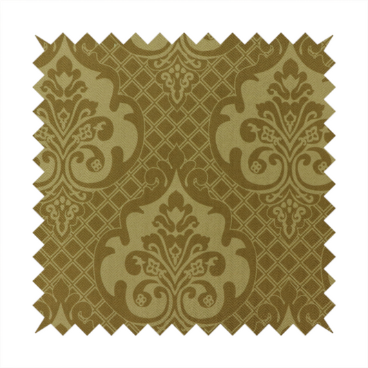 The design showcases large, ornate floral medallions and scrolling acanthus leaves in a muted tan shade, set against a rich ochre background. A fine diagonal lattice grid creates a diamond pattern in the spaces between the motifs, and the material displays a clear woven texture that adds depth and a subtle sheen to the pattern.