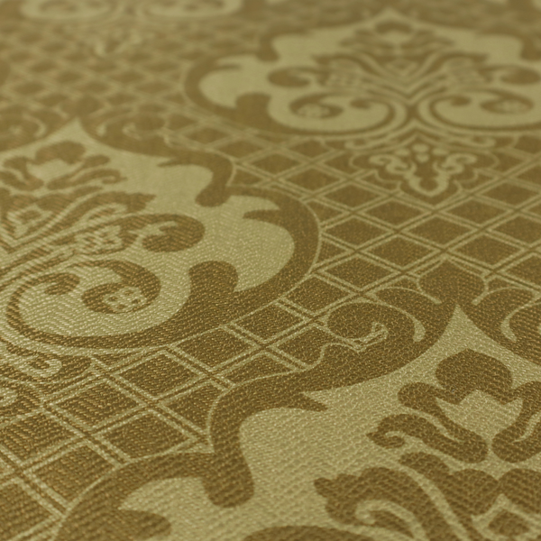 The design showcases large, ornate floral medallions and scrolling acanthus leaves in a muted tan shade, set against a rich ochre background. A fine diagonal lattice grid creates a diamond pattern in the spaces between the motifs, and the material displays a clear woven texture that adds depth and a subtle sheen to the pattern.