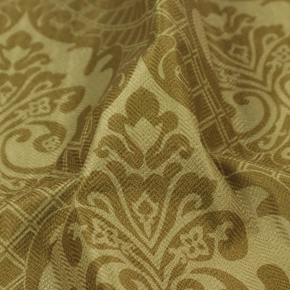The design showcases large, ornate floral medallions and scrolling acanthus leaves in a muted tan shade, set against a rich ochre background. A fine diagonal lattice grid creates a diamond pattern in the spaces between the motifs, and the material displays a clear woven texture that adds depth and a subtle sheen to the pattern.