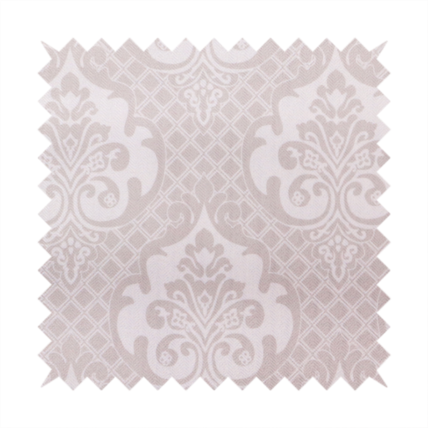 A baby pink and cream damask pattern on a textured fabric. The design features large, ornate floral medallions with stylized acanthus leaf scrolls, arranged in a structured, repeating grid.